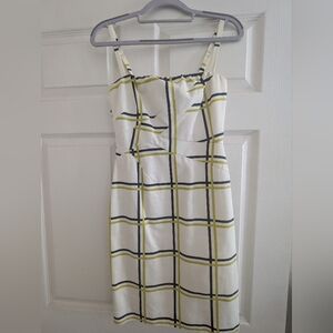 Tahari Strapless Dress in Cream, Black, and Yellow Plaid